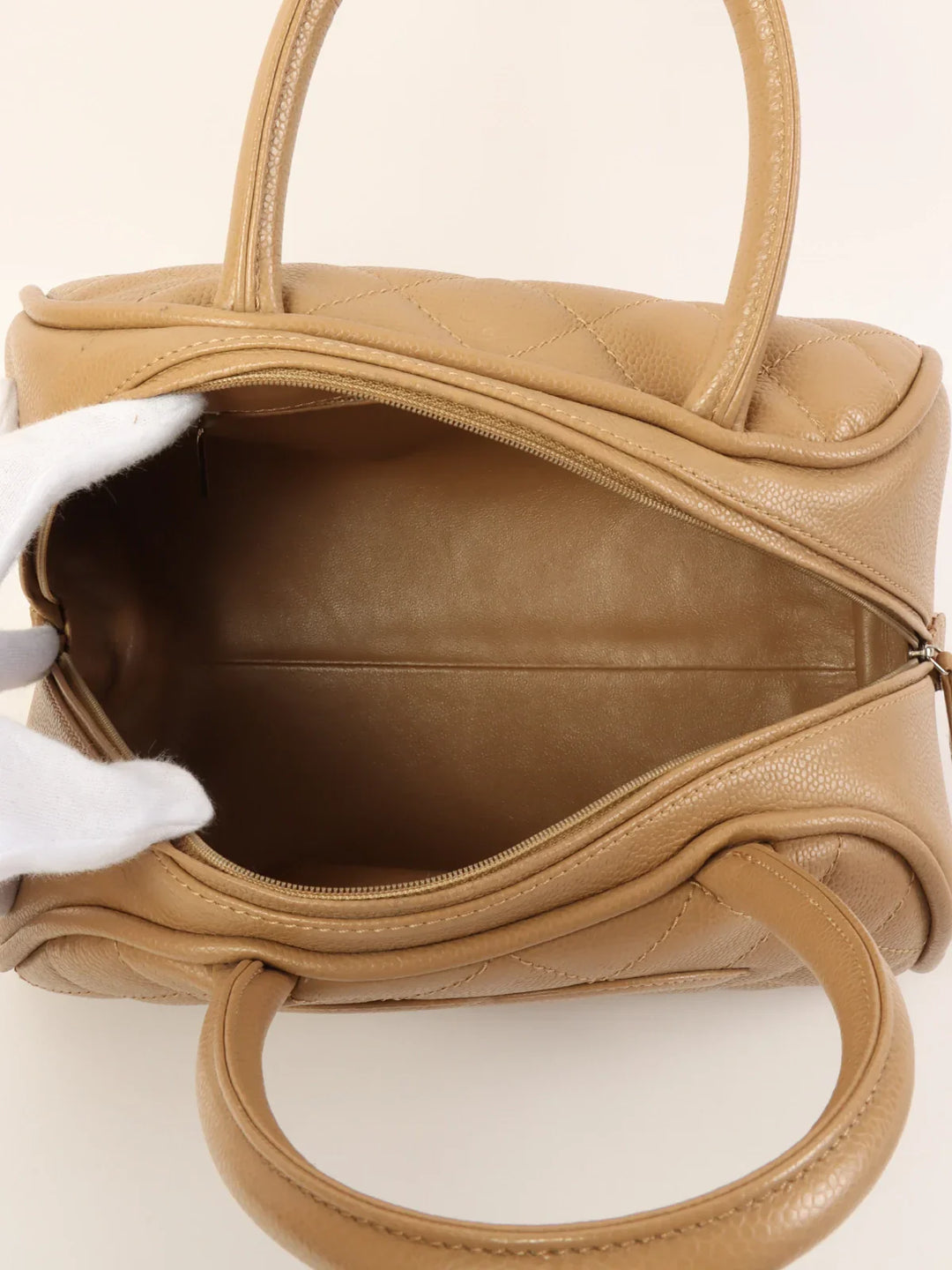 Chanel Around 2007 Made Caviar Skin Cc Mark Stitch Top Handle Bag Mocha Beige