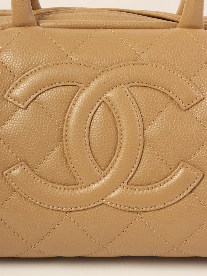 Chanel Around 2007 Made Caviar Skin Cc Mark Stitch Top Handle Bag Mocha Beige
