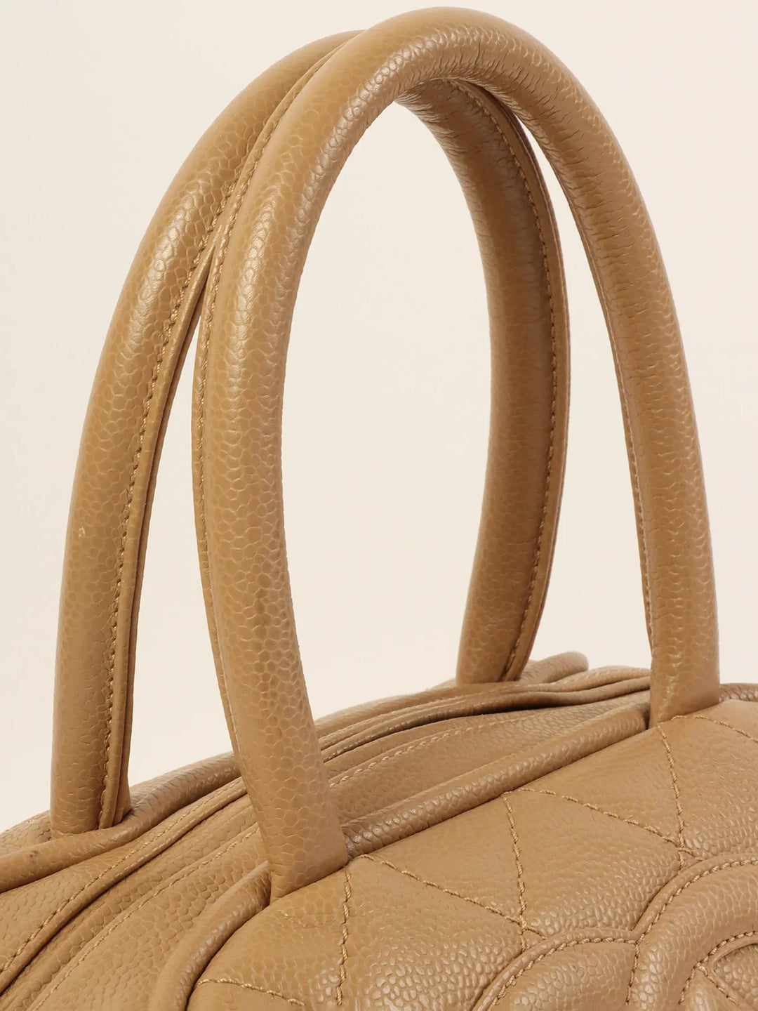 Chanel Around 2007 Made Caviar Skin Cc Mark Stitch Top Handle Bag Mocha Beige