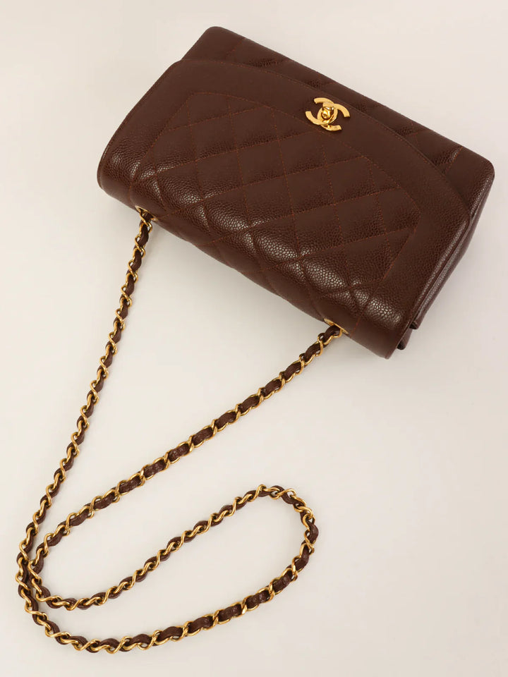Chanel Around 1995 Made Caviar Skin Diana New Chain Bag 25Cm Brown