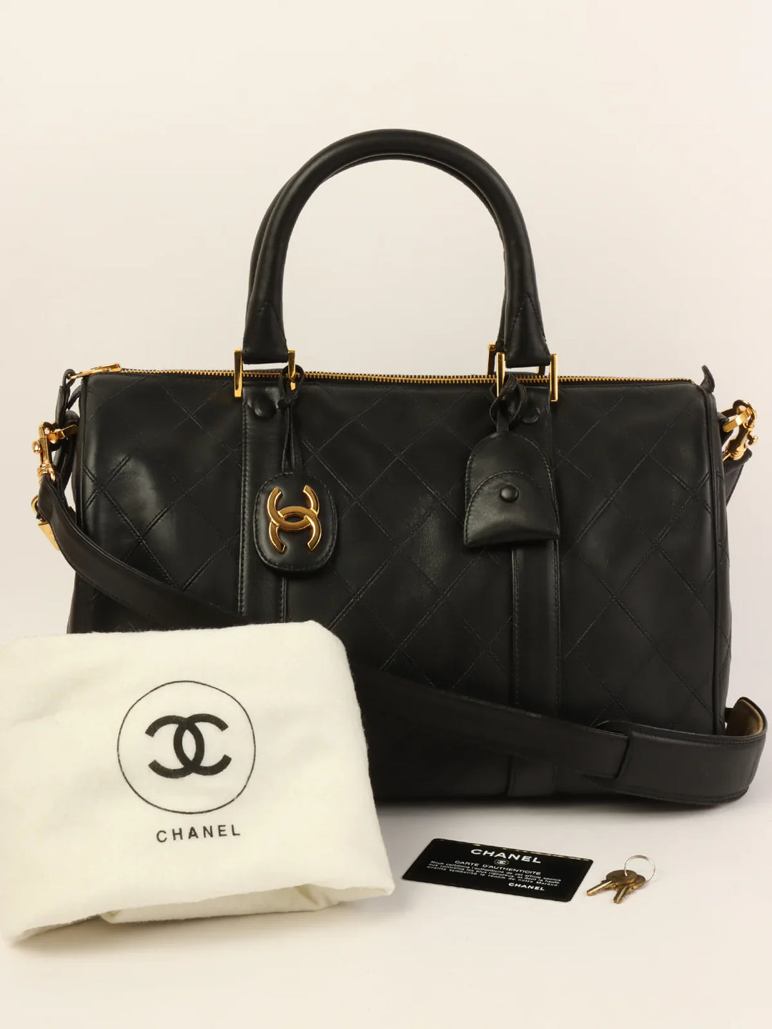 Chanel Around 1992 Made Bicolore Stitch Cc Mark Charm 2Way Boston Bag Black