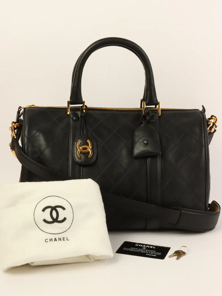 Chanel Around 1992 Made Bicolore Stitch Cc Mark Charm 2Way Boston Bag Black