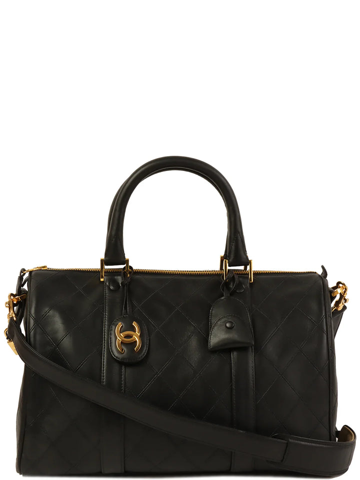 Chanel Around 1992 Made Bicolore Stitch Cc Mark Charm 2Way Boston Bag Black