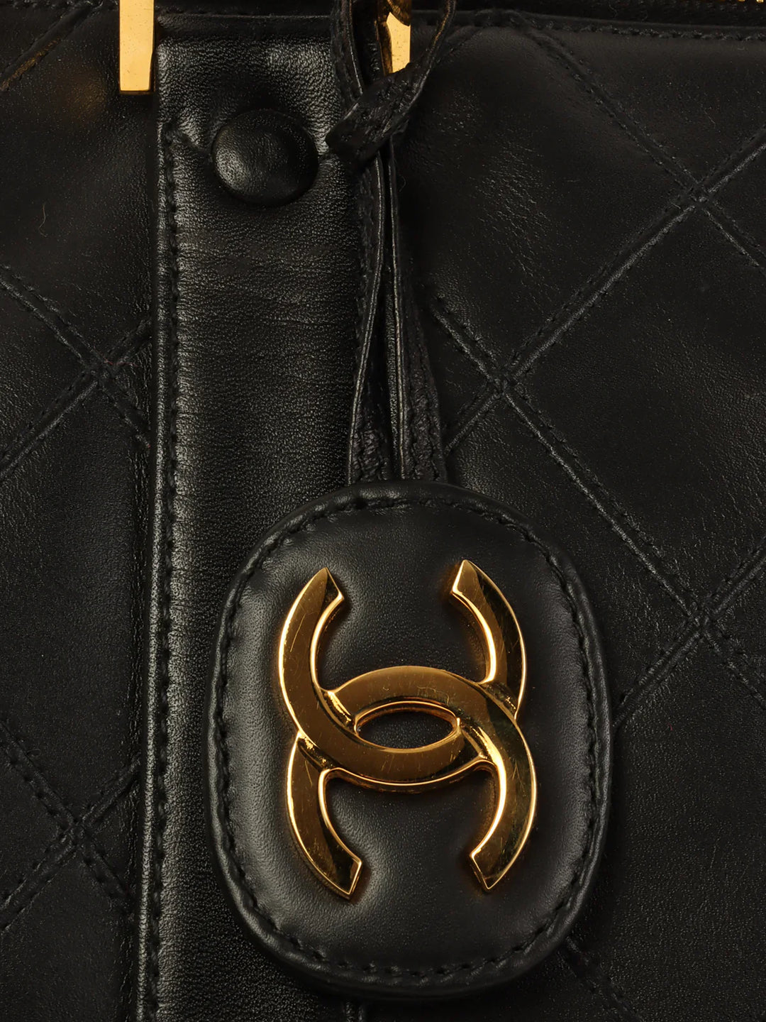 Chanel Around 1992 Made Bicolore Stitch Cc Mark Charm 2Way Boston Bag Black