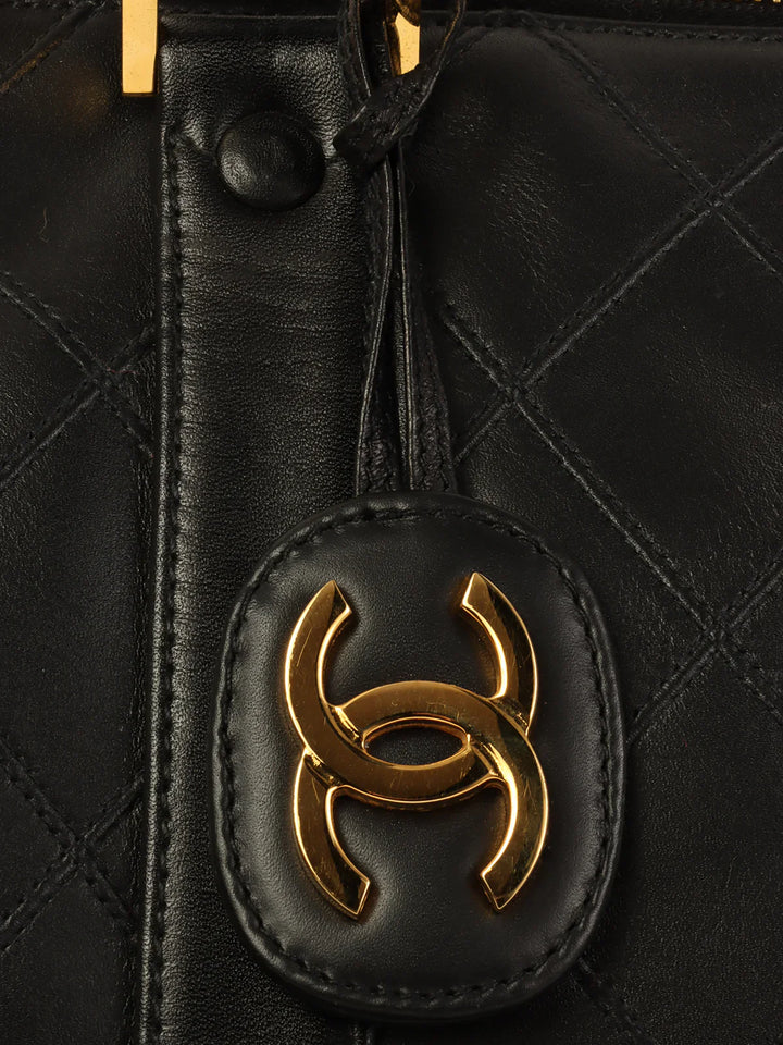 Chanel Around 1992 Made Bicolore Stitch Cc Mark Charm 2Way Boston Bag Black