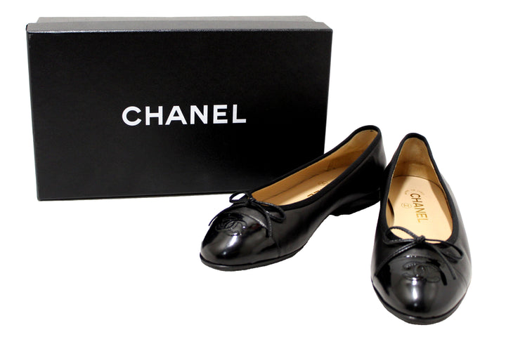 Top Quality Chanel Black Lambskin & Patent Calfskin Ballet Flats Size 37