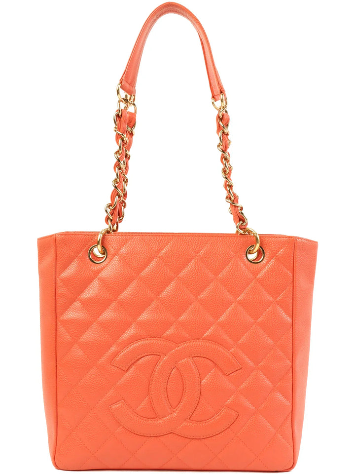 Chanel Around 2003 Made Caviar Skin Cc Mark Stitch Chain Tote Bag Coral Pink