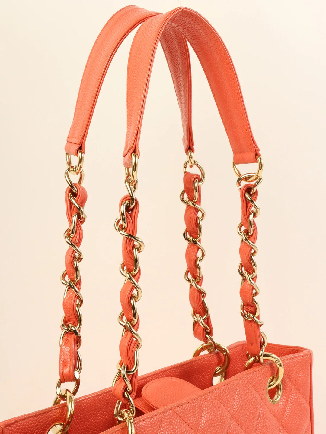 Chanel Around 2003 Made Caviar Skin Cc Mark Stitch Chain Tote Bag Coral Pink