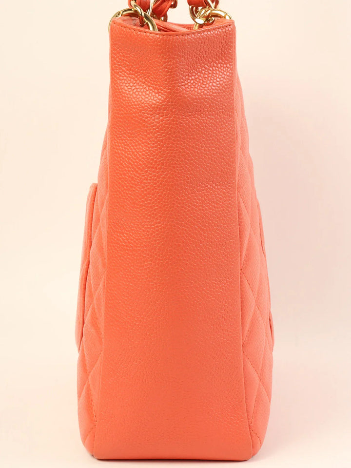 Chanel Around 2003 Made Caviar Skin Cc Mark Stitch Chain Tote Bag Coral Pink