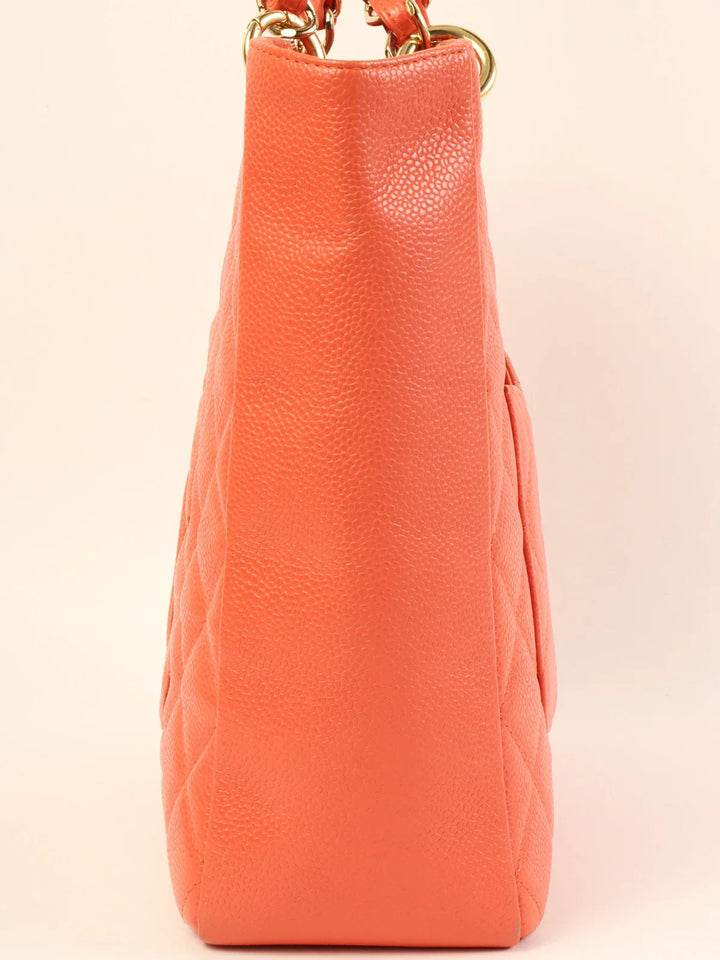 Chanel Around 2003 Made Caviar Skin Cc Mark Stitch Chain Tote Bag Coral Pink
