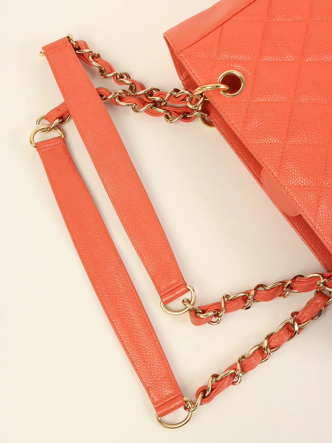 Chanel Around 2003 Made Caviar Skin Cc Mark Stitch Chain Tote Bag Coral Pink