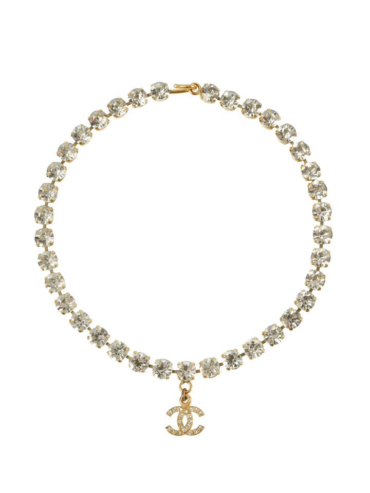 Chanel 1995 Made Rhinestone Cc Mark Swing Necklace Gold