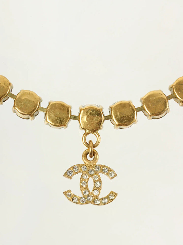Chanel 1995 Made Rhinestone Cc Mark Swing Necklace Gold