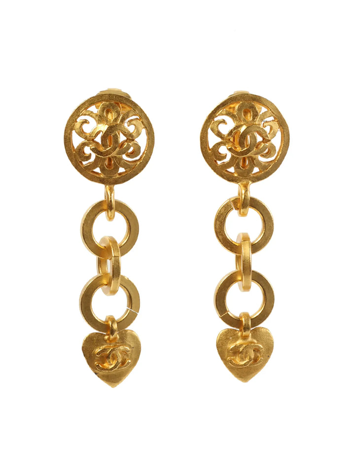 Top Quality Chanel 1995 Made Heart Cc Mark Swing Earrings Gold