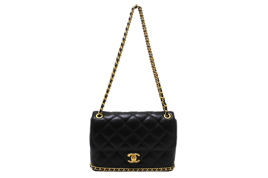 Top Quality Chanel Black Quilted Caviar Leather Camellia Chain Around Flap Shoulder Bag