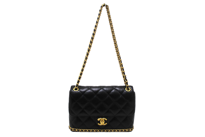 Top Quality Chanel Black Quilted Caviar Leather Camellia Chain Around Flap Shoulder Bag