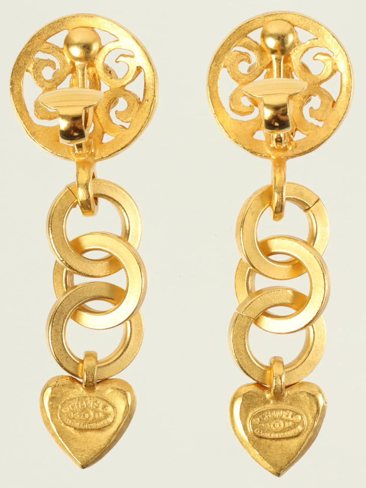Chanel 1995 Made Heart Cc Mark Swing Earrings Gold