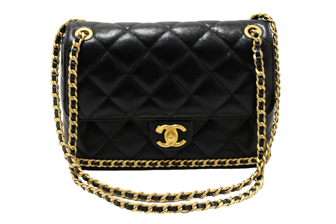Top Quality Chanel Black Quilted Caviar Leather Camellia Chain Around Flap Shoulder Bag