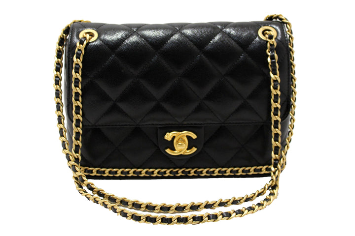 Top Quality Chanel Black Quilted Caviar Leather Camellia Chain Around Flap Shoulder Bag