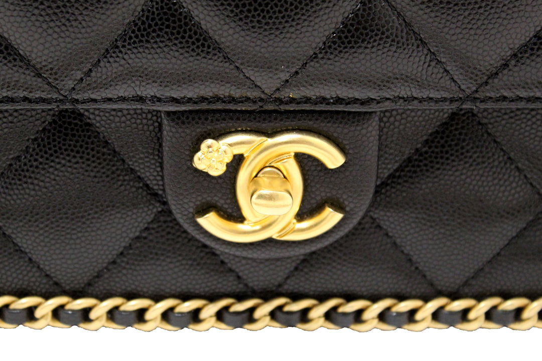 Top Quality Chanel Black Quilted Caviar Leather Camellia Chain Around Flap Shoulder Bag