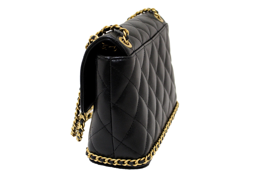 Top Quality Chanel Black Quilted Caviar Leather Camellia Chain Around Flap Shoulder Bag
