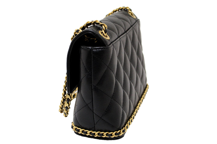 Top Quality Chanel Black Quilted Caviar Leather Camellia Chain Around Flap Shoulder Bag