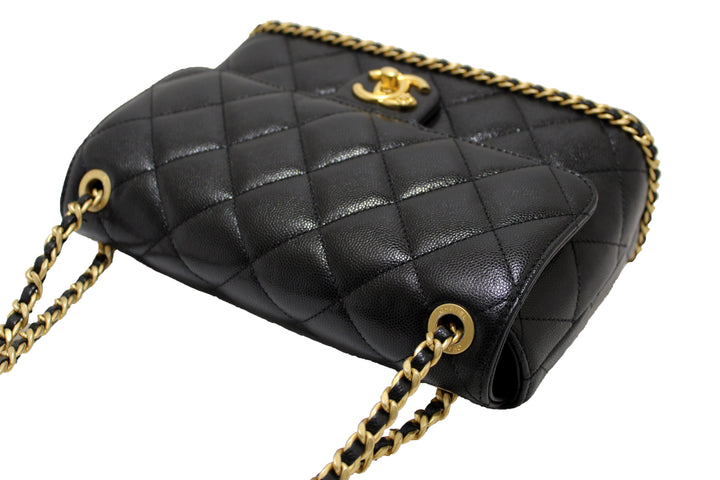 Top Quality Chanel Black Quilted Caviar Leather Camellia Chain Around Flap Shoulder Bag