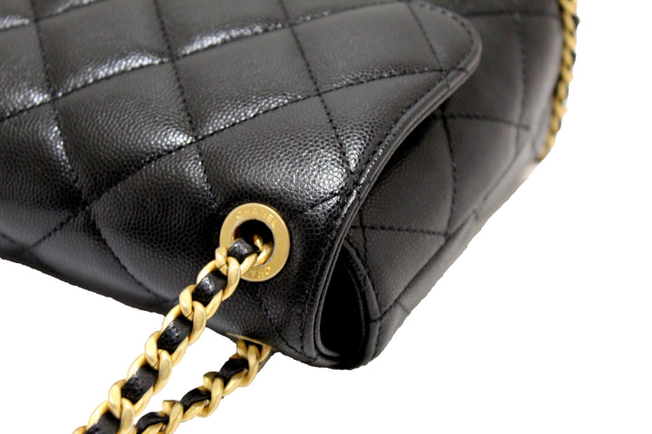 Top Quality Chanel Black Quilted Caviar Leather Camellia Chain Around Flap Shoulder Bag