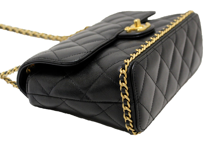 Top Quality Chanel Black Quilted Caviar Leather Camellia Chain Around Flap Shoulder Bag
