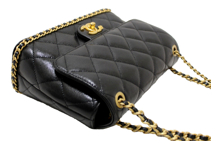 Top Quality Chanel Black Quilted Caviar Leather Camellia Chain Around Flap Shoulder Bag