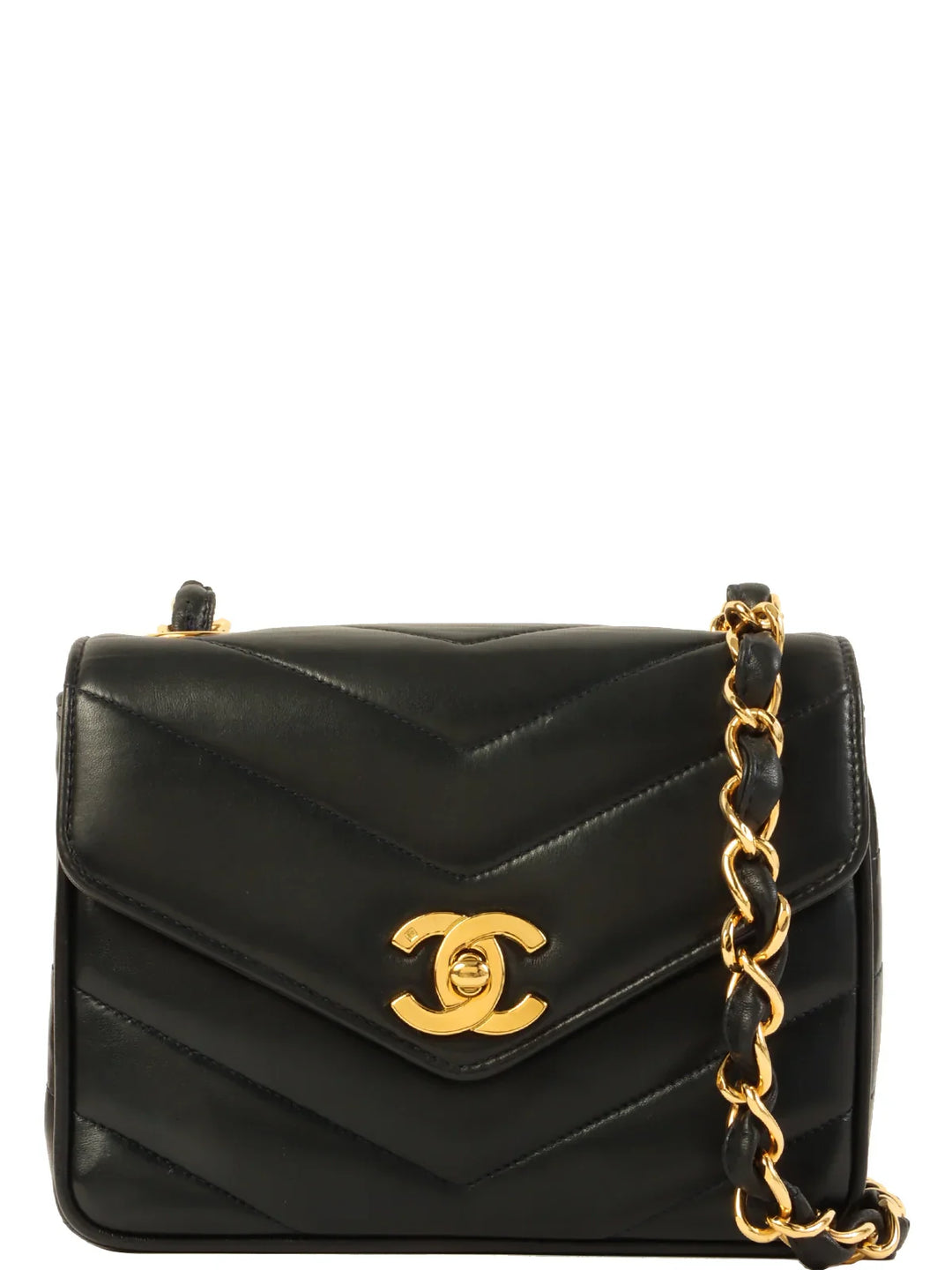 Chanel Around 1995 Made V Stitch Turn-Lock Chain Bag Black