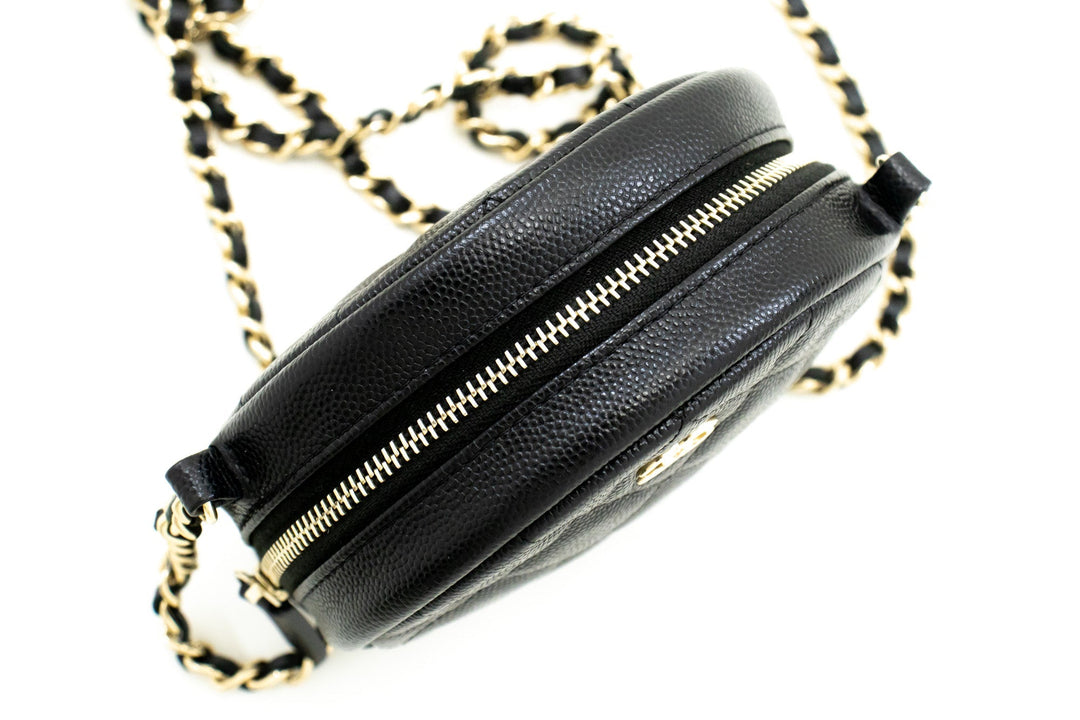 Chanel Round Zip Caviar Small Chain Shoulder Bag Black Quilted