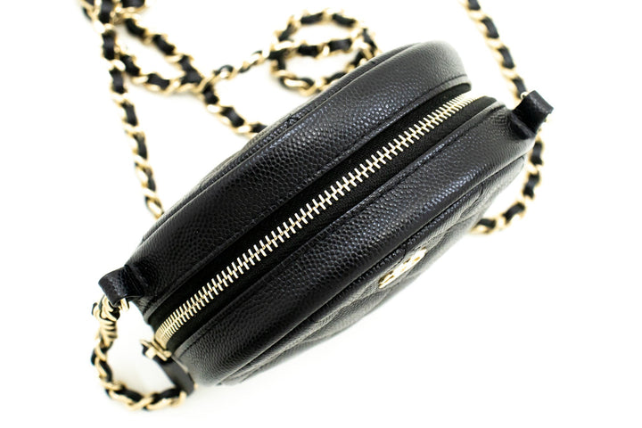 Chanel Round Zip Caviar Small Chain Shoulder Bag Black Quilted