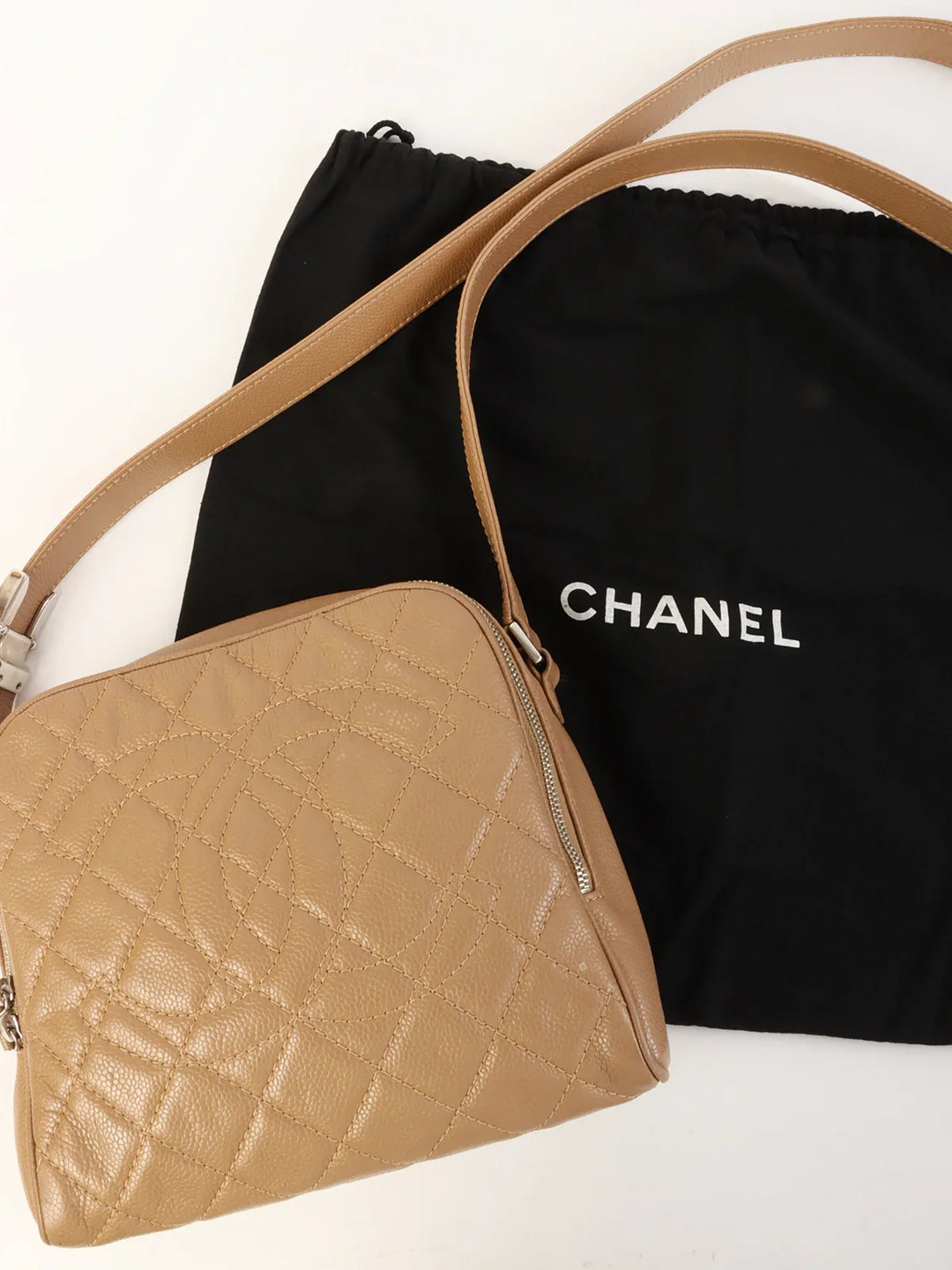 Chanel Around 2007 Made Caviar Skin Cc Mark Stitch Shoulder Bag Beige