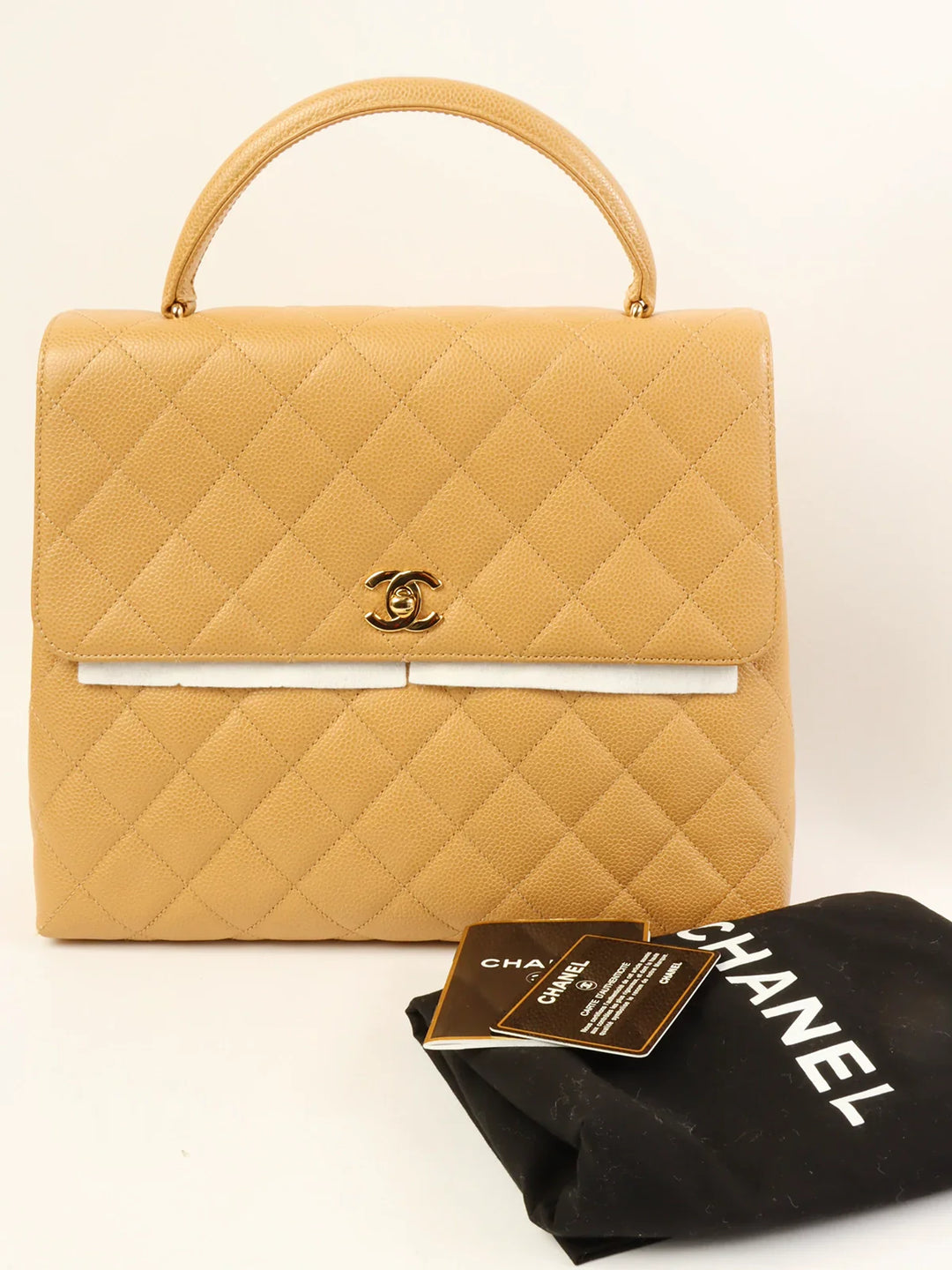 Chanel Around 2000 Made Ciaviar Skin Stright New Turn-Lock Top Handle Bag Beige