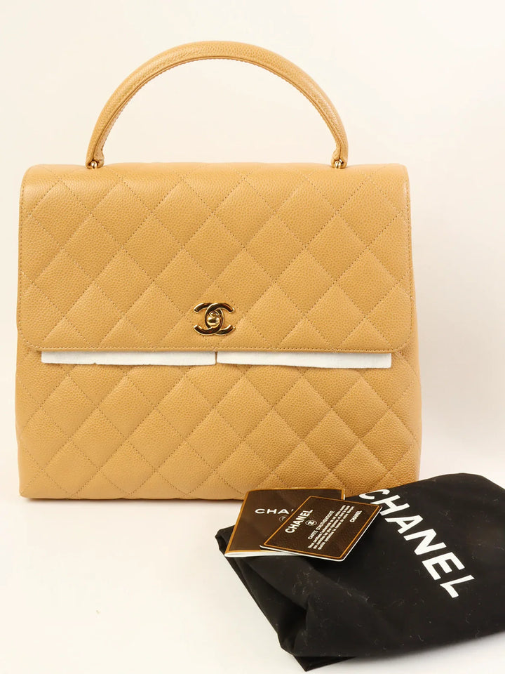 Chanel Around 2000 Made Ciaviar Skin Stright New Turn-Lock Top Handle Bag Beige