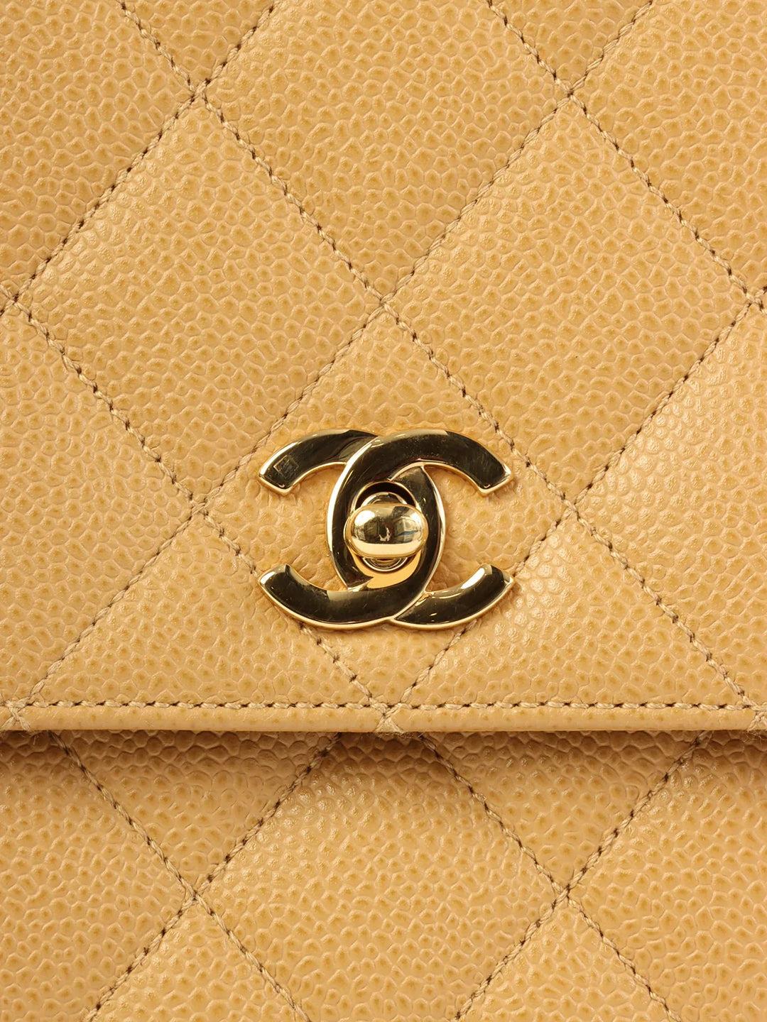 Chanel Around 2000 Made Ciaviar Skin Stright New Turn-Lock Top Handle Bag Beige