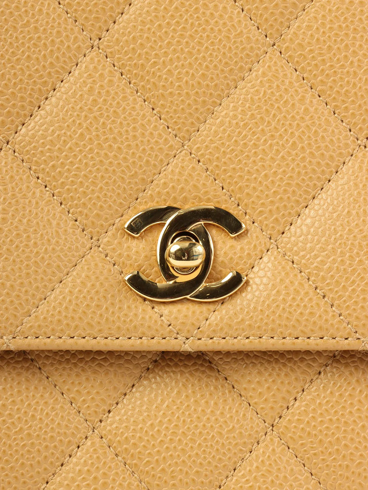 Chanel Around 2000 Made Ciaviar Skin Stright New Turn-Lock Top Handle Bag Beige