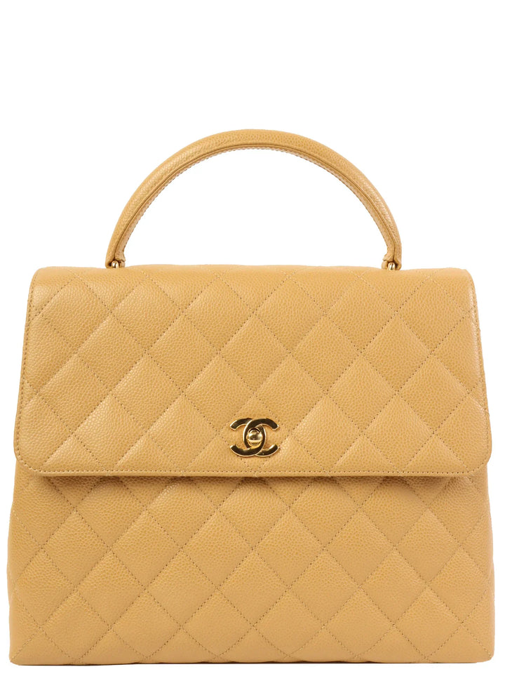 Chanel Around 2000 Made Ciaviar Skin Stright New Turn-Lock Top Handle Bag Beige
