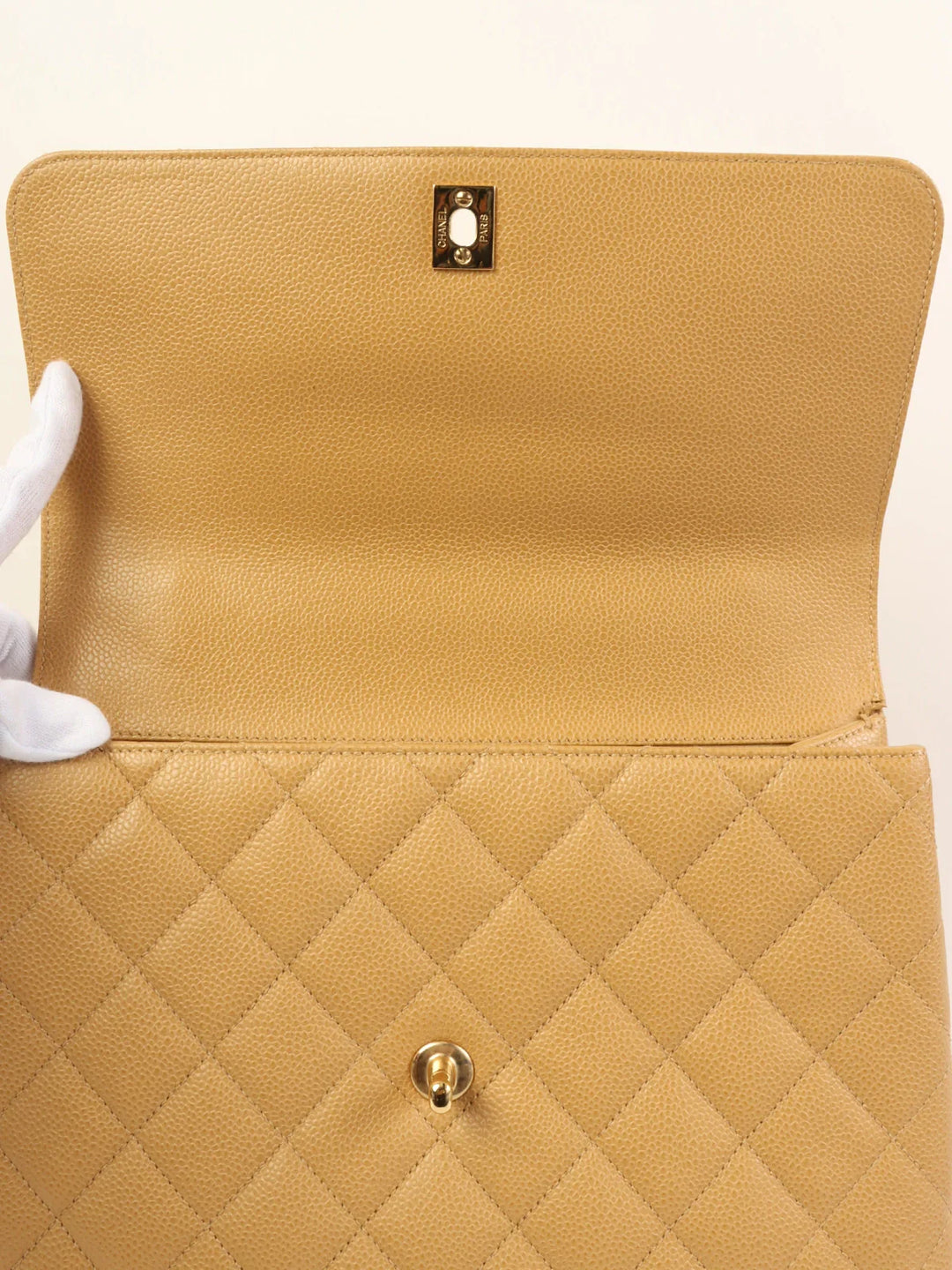Chanel Around 2000 Made Ciaviar Skin Stright New Turn-Lock Top Handle Bag Beige