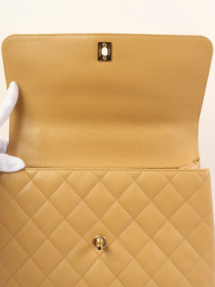 Chanel Around 2000 Made Ciaviar Skin Stright New Turn-Lock Top Handle Bag Beige