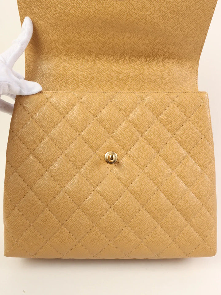 Chanel Around 2000 Made Ciaviar Skin Stright New Turn-Lock Top Handle Bag Beige