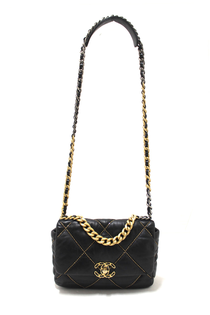 Limited Edition Top Quality Chanel 19 Medium Black Quilted Lambskin Leather Shoulder Crossbody Bag