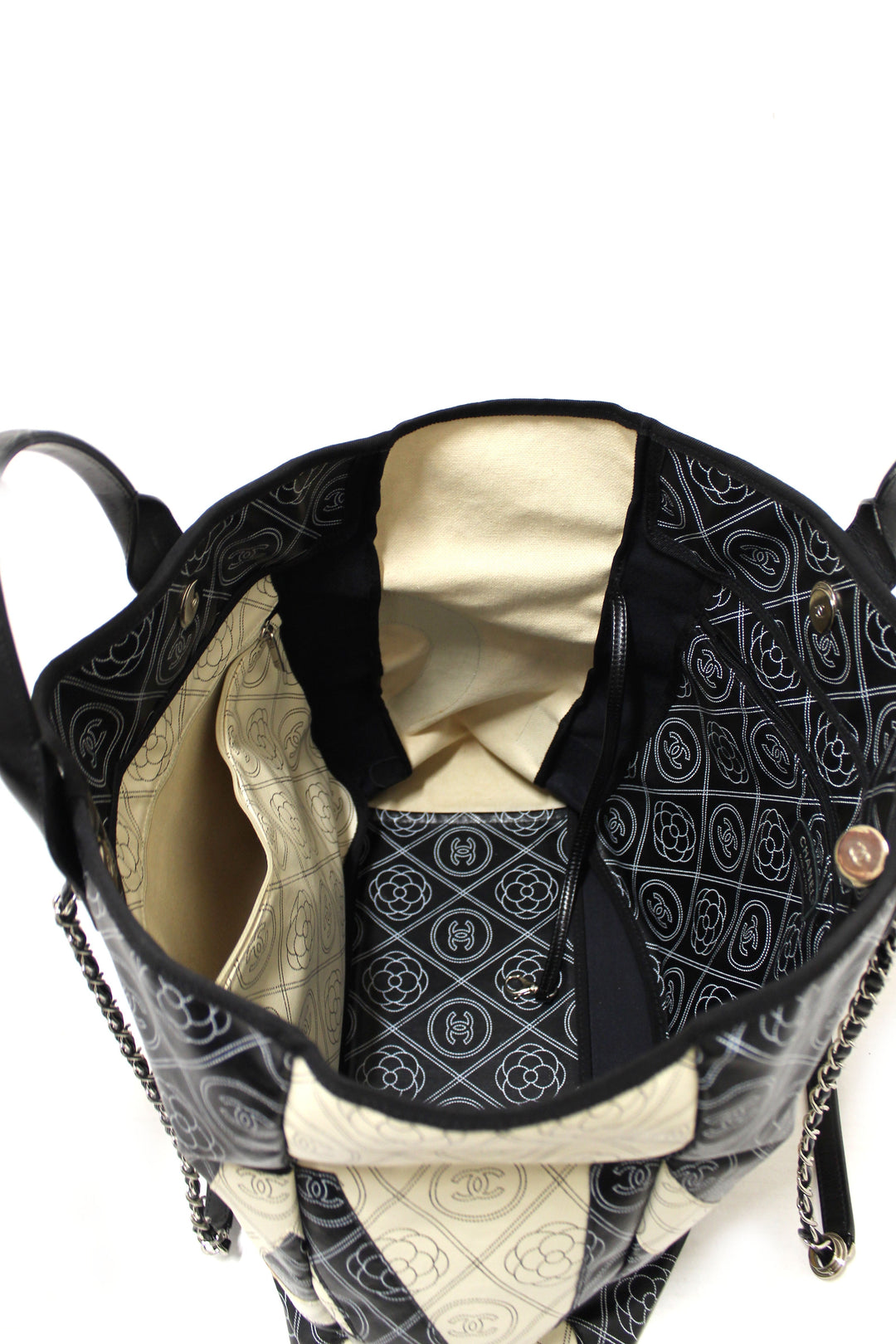 Top Quality Chanel Black and Beige Coated Canvas Camellia Flower Tote Bag