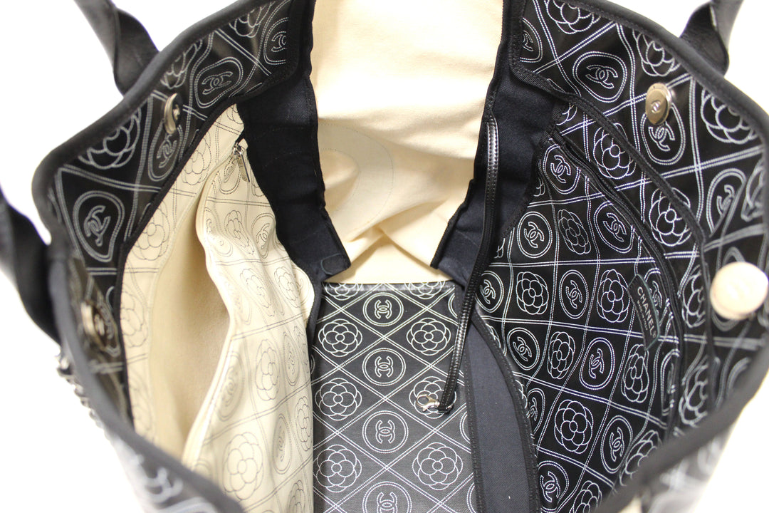 Top Quality Chanel Black and Beige Coated Canvas Camellia Flower Tote Bag