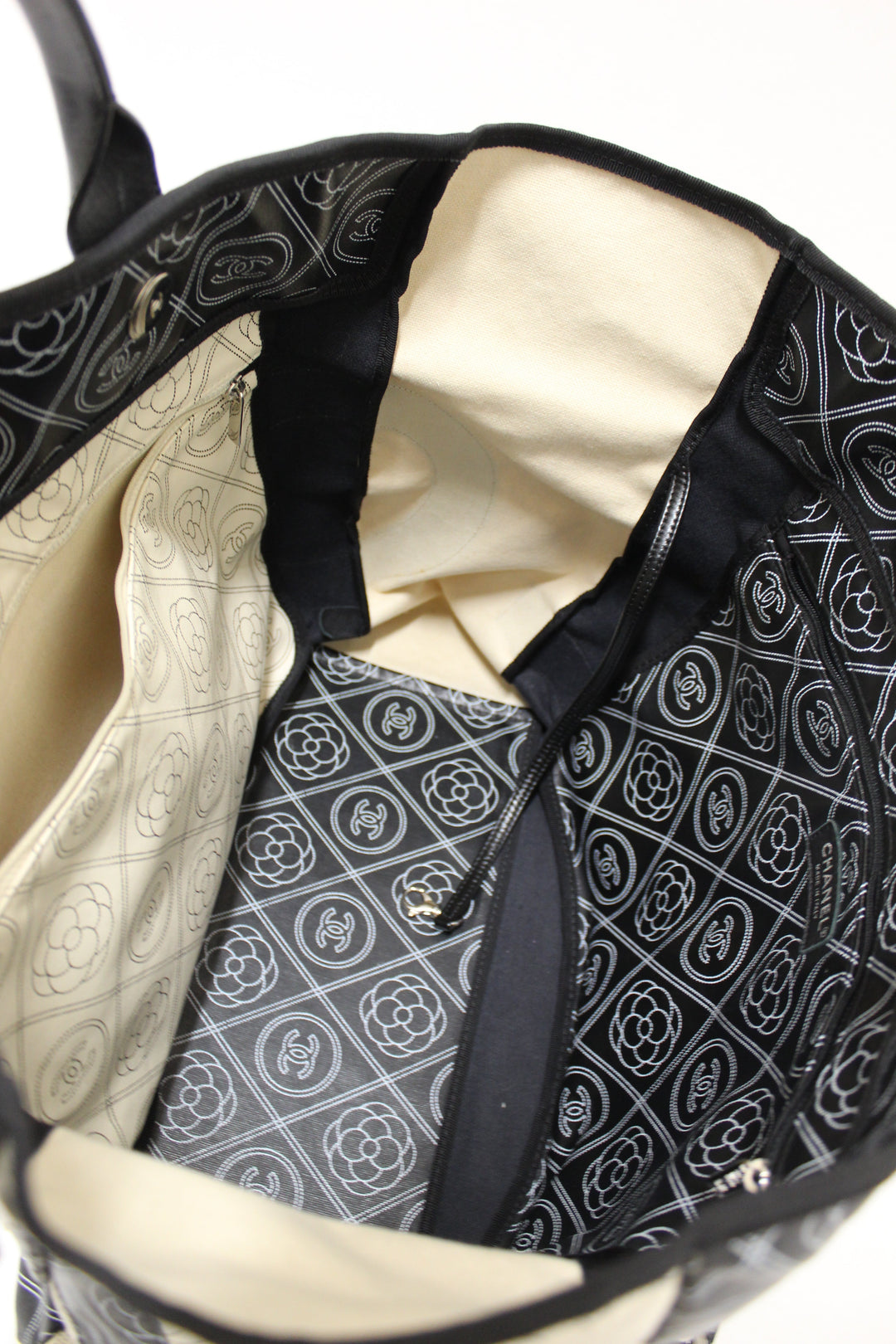 Top Quality Chanel Black and Beige Coated Canvas Camellia Flower Tote Bag