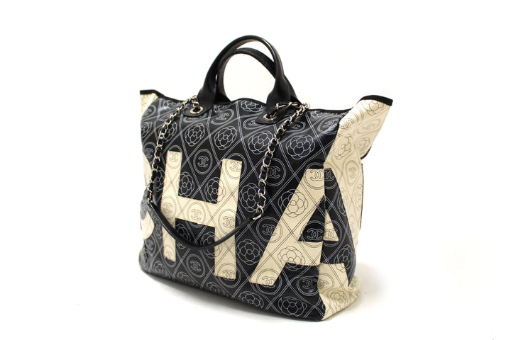 Top Quality Chanel Black and Beige Coated Canvas Camellia Flower Tote Bag