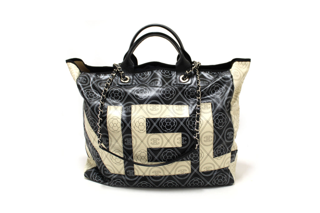 Top Quality Chanel Black and Beige Coated Canvas Camellia Flower Tote Bag