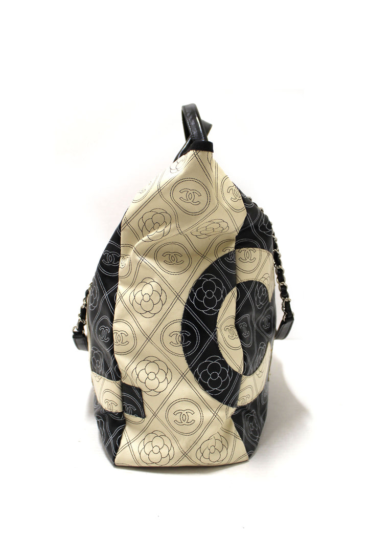 Top Quality Chanel Black and Beige Coated Canvas Camellia Flower Tote Bag