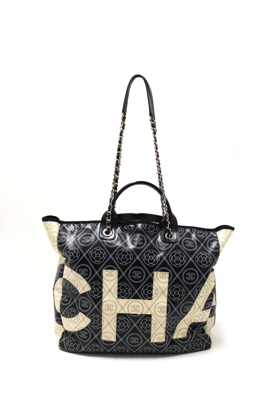 Top Quality Chanel Black and Beige Coated Canvas Camellia Flower Tote Bag